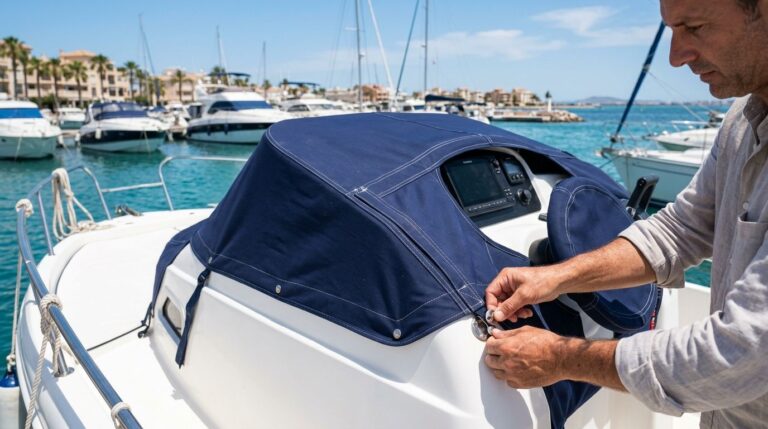 Tailored navy canvas cover fitted over a motorboat cockpit