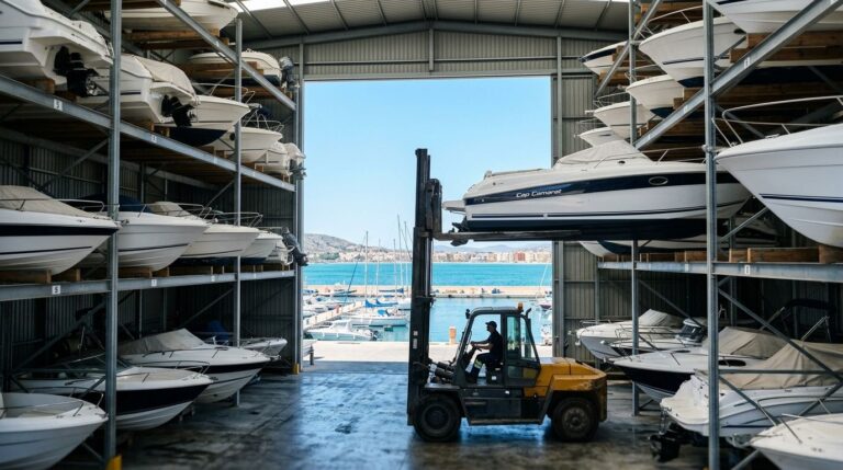 Motorboats in a dry stack storage facility beside a marina