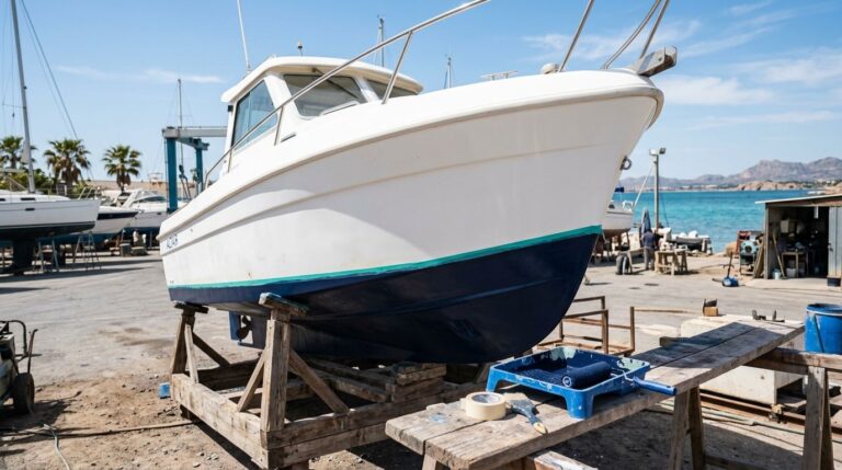 Motorboat hull being painted with fresh antifouling in a boatyard