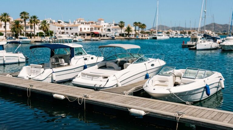 Popular family motorboats moored at a Mediterranean marina