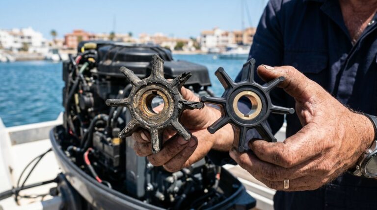 Worn water pump impeller beside a new replacement