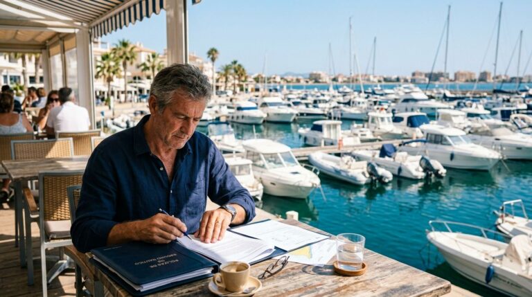 Boat owner reviewing insurance documents beside a marina