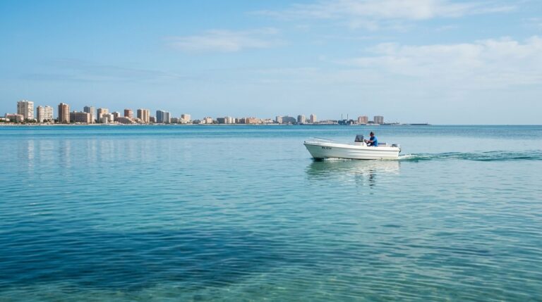 Motorboat on the calm shallow water of the Mar Menor lagoon