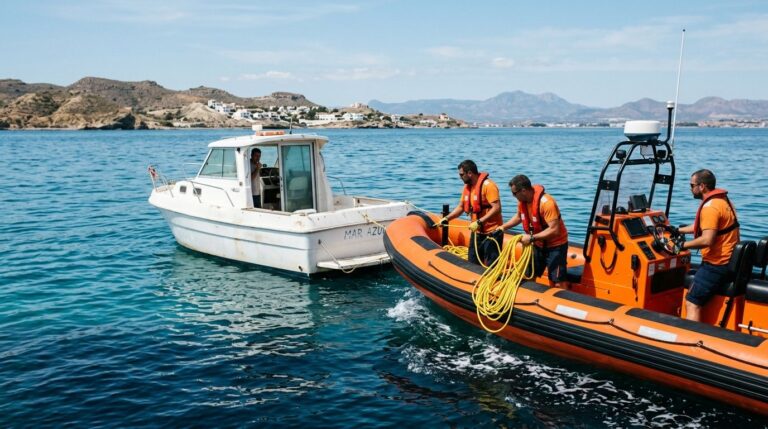 Assistance boat approaching a broken-down motorboat at sea