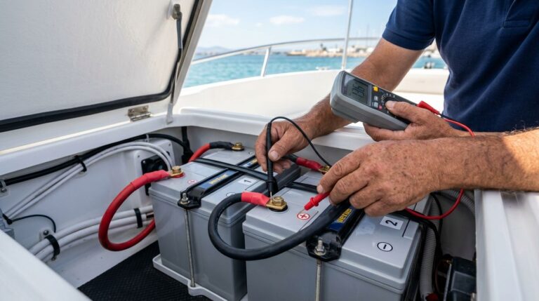 Marine electrician testing boat batteries with a multimeter