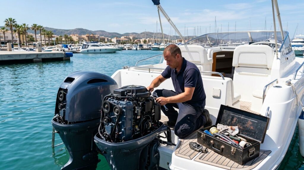Marine Services mechanic servicing twin outboard engines on a motorboat in a Mar Menor marina