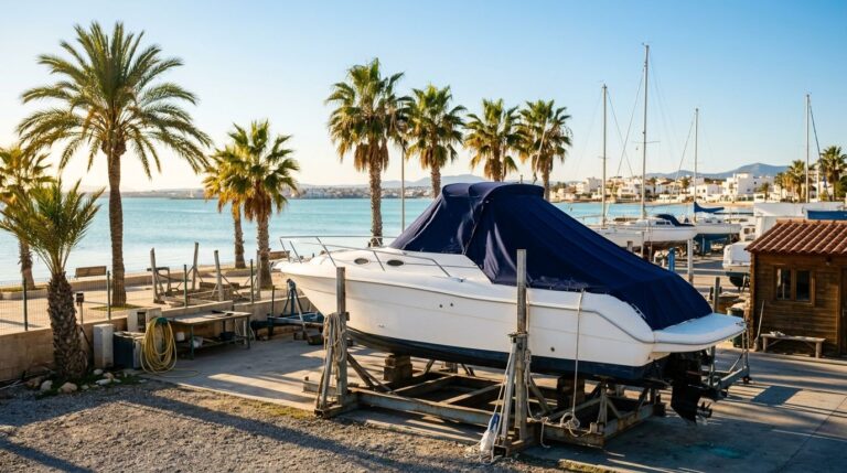 Motorboat laid up for winter in a Mediterranean boatyard