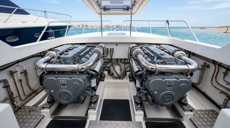 Twin marine diesel engines in a motor cruiser engine room after servicing