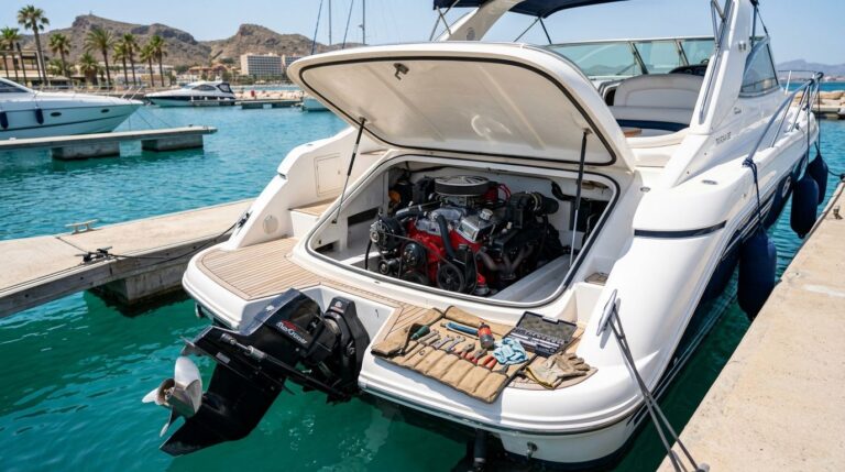 Petrol sterndrive engine in a sports cruiser engine bay