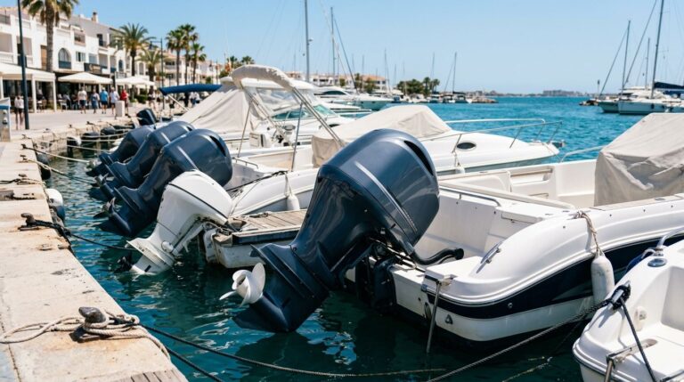 Modern four-stroke outboard engines on motorboat transoms in a marina