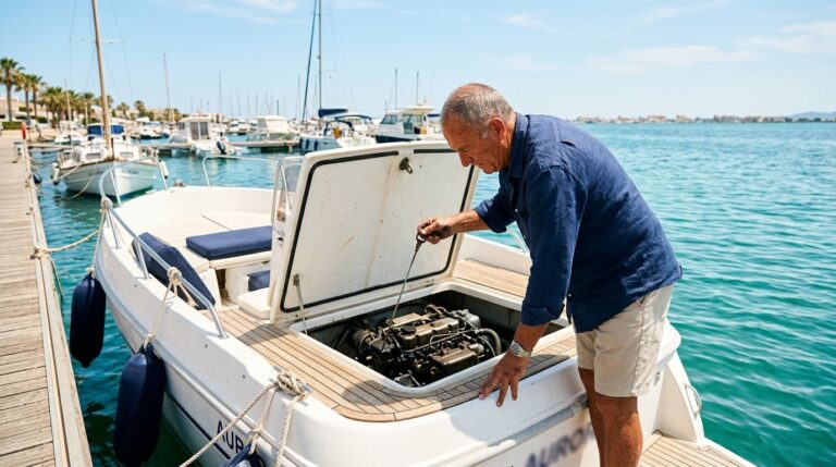 Boat owner checking engine oil before a trip