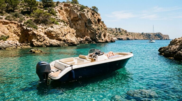 Mediterranean open motorboat anchored in a turquoise cove