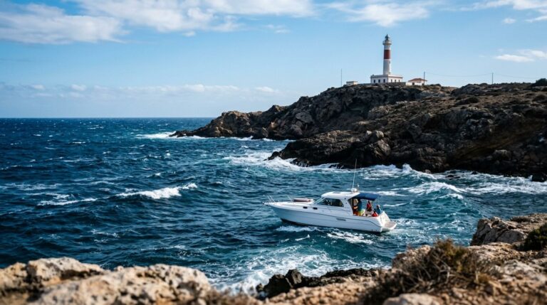 Motorboat anchored off a rocky Mediterranean headland in a fresh breeze